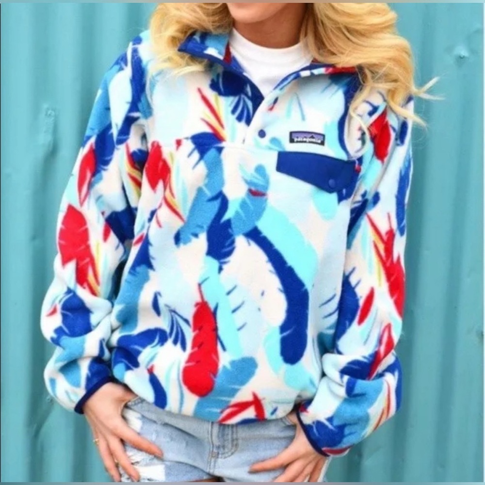 Patagonia Multicolor Blue Red Feather Print Pullover